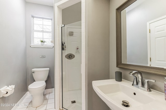 bathroom featuring tile patterned flooring, toilet, an enclosed shower, and sink