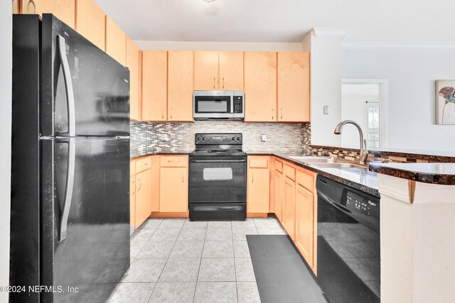 12700 Bartram Park Blvd Unit 124, Jacksonville, FL 32258 - kitchen featuring light tile patterned flooring, tasteful backsplash, a peninsula, light brown cabinets, and black appliances