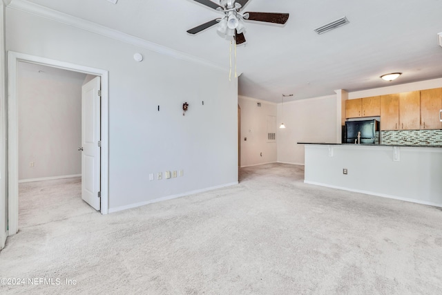 12700 Bartram Park Blvd Unit 124, Jacksonville, FL 32258 - unfurnished living room with ceiling fan, visible vents, ornamental molding, and light colored carpet