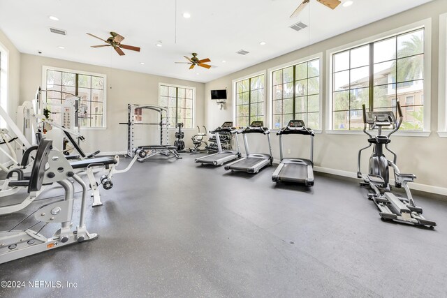 gym with ceiling fan