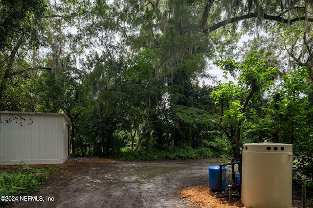 view of yard featuring a storage unit