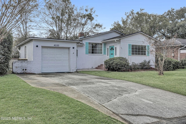 ranch-style house with driveway, a chimney, an attached garage, a front lawn, and brick siding