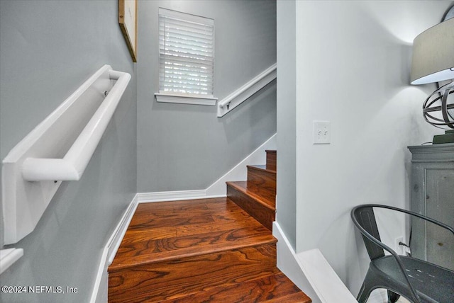 stairway featuring wood-type flooring