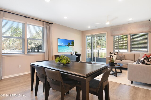 dining area with ceiling fan, plenty of natural light, and light hardwood / wood-style floors