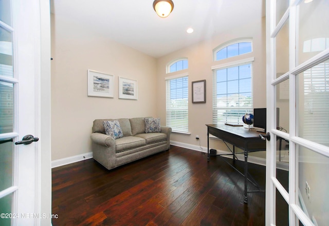 home office with dark hardwood / wood-style floors