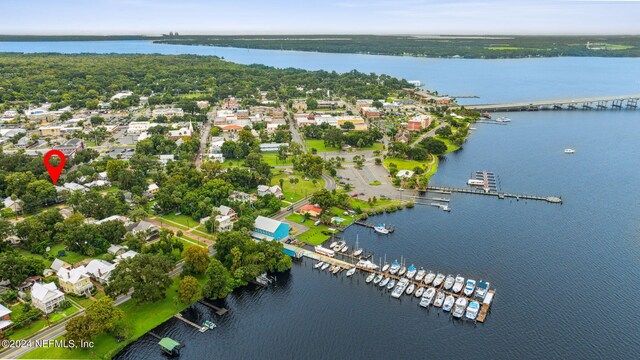 aerial view featuring a water view