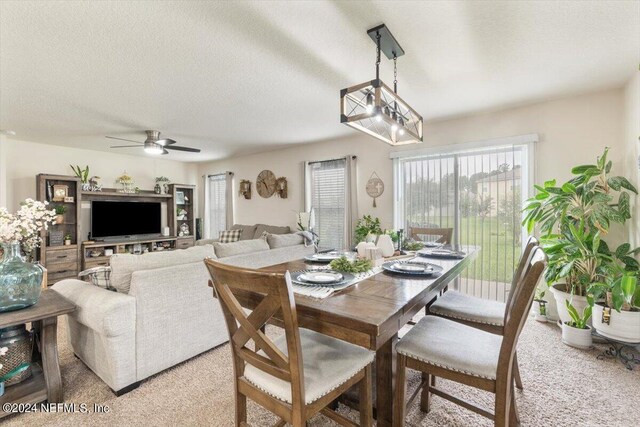 dining area with ceiling fan with notable chandelier, carpet, and a textured ceiling