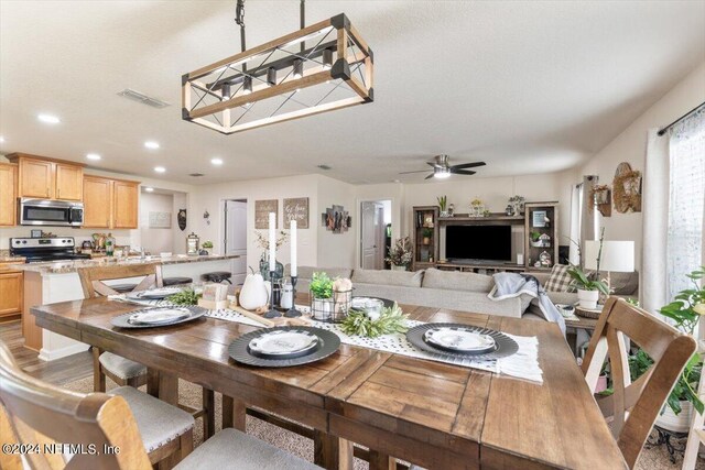 dining room with ceiling fan and light hardwood / wood-style floors