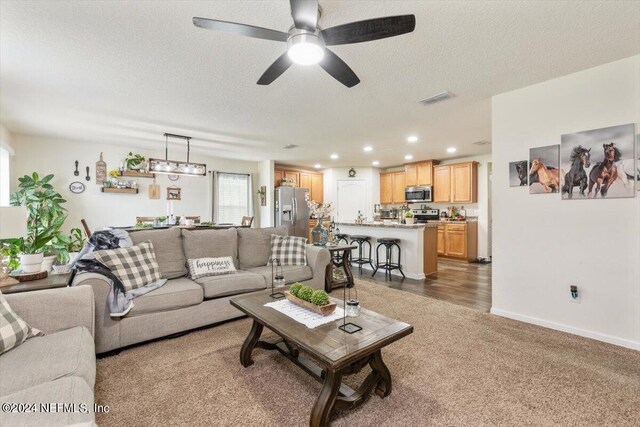 living room with ceiling fan, a textured ceiling, and dark hardwood / wood-style floors