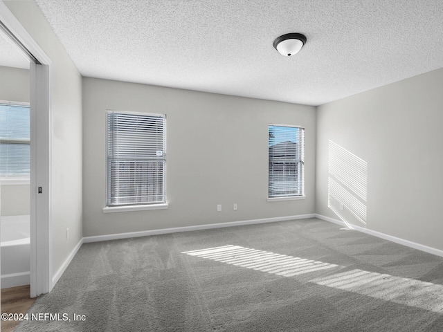 empty room with light colored carpet and a textured ceiling