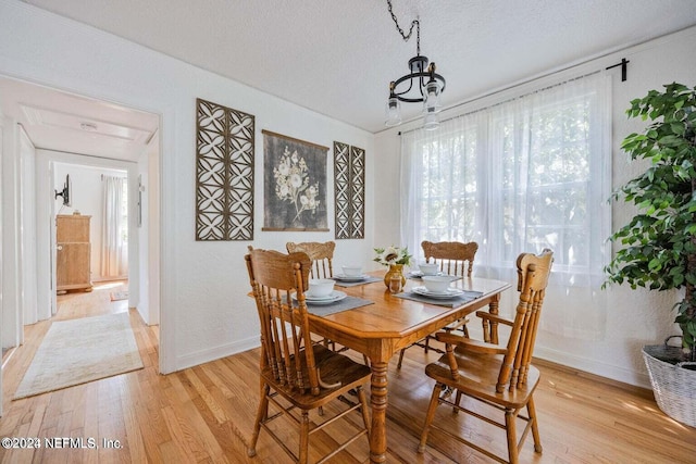 dining area with light hardwood / wood-style floors and a textured ceiling