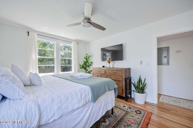 bedroom featuring electric panel, ceiling fan, and light hardwood / wood-style floors