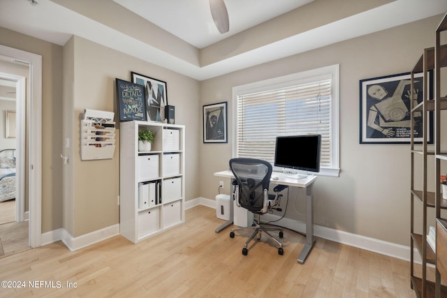 office area featuring ceiling fan and light hardwood / wood-style flooring