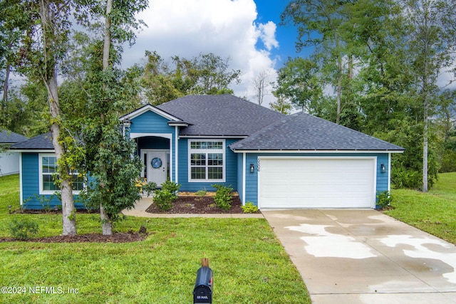 ranch-style house with a front yard and a garage