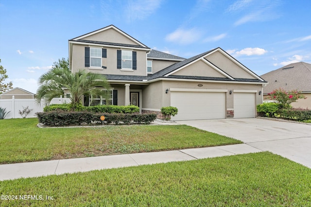 view of front of house with a garage and a front lawn