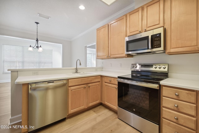 kitchen with a notable chandelier, sink, stainless steel appliances, and plenty of natural light