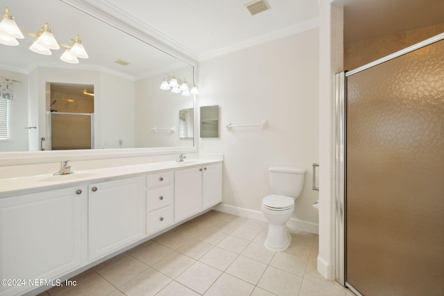 bathroom featuring an enclosed shower, tile patterned floors, ornamental molding, vanity, and toilet