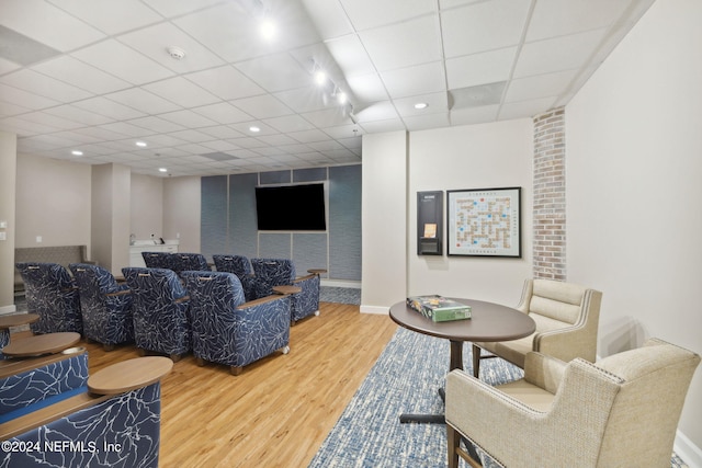 living room featuring a drop ceiling and hardwood / wood-style floors