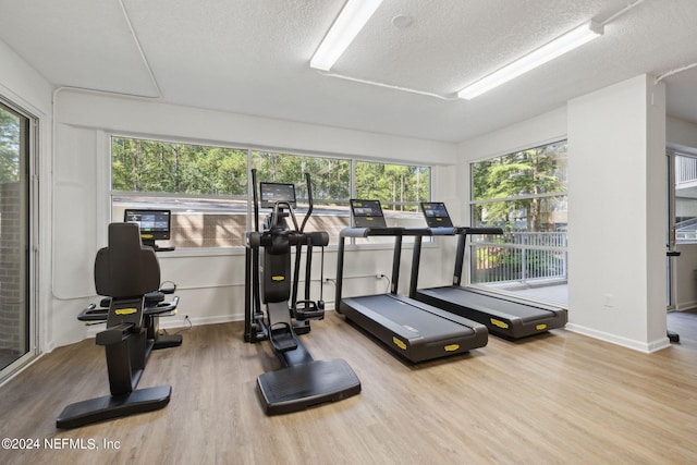 exercise area featuring a textured ceiling, light hardwood / wood-style flooring, and plenty of natural light