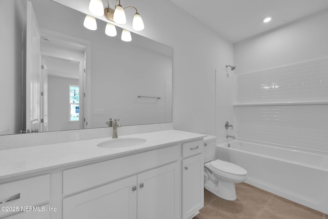 bathroom with toilet, tile patterned floors, tub / shower combination, vanity, and recessed lighting