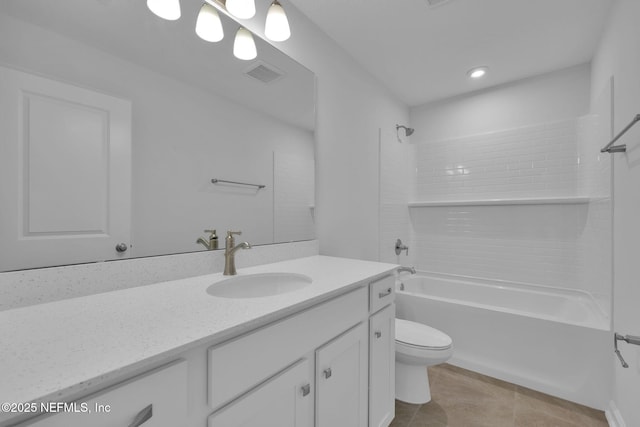 full bath featuring visible vents, toilet, vanity, shower / tub combination, and tile patterned floors