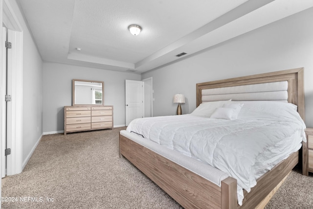 bedroom featuring carpet floors and a tray ceiling