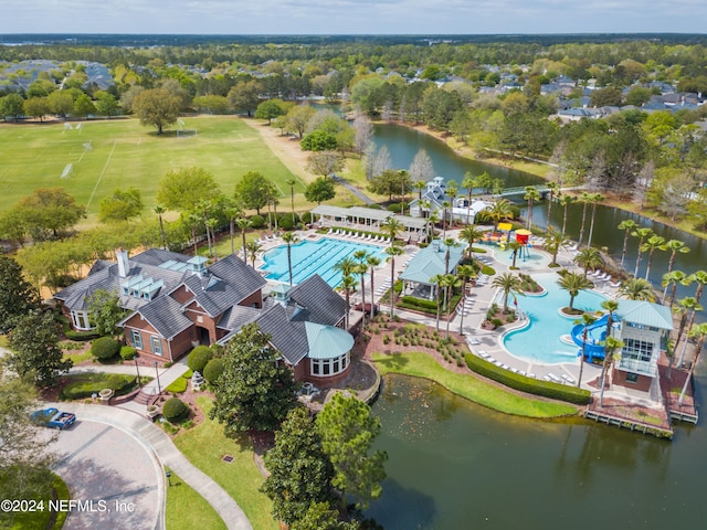 bird's eye view with a water view