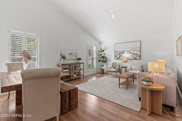 living room with wood-type flooring and high vaulted ceiling