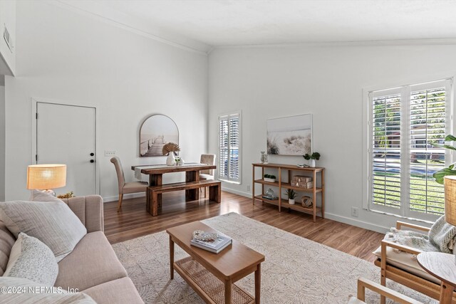 living room with light wood-type flooring, ornamental molding, and high vaulted ceiling