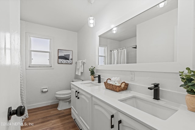 bathroom featuring wood-type flooring, vanity, toilet, and curtained shower