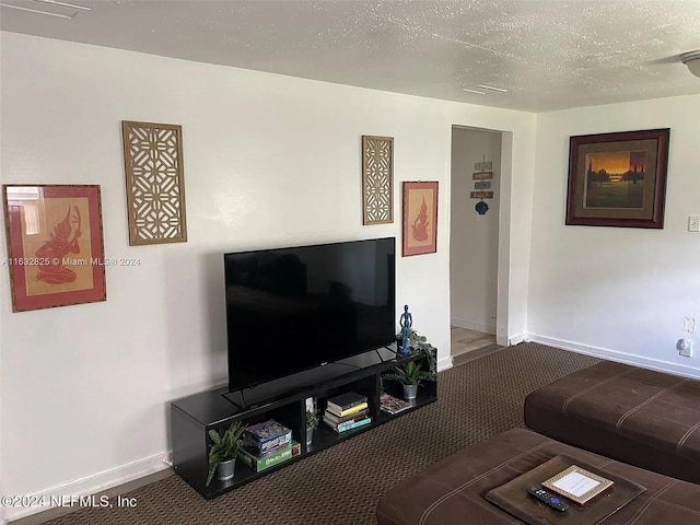 living room with a textured ceiling and carpet flooring