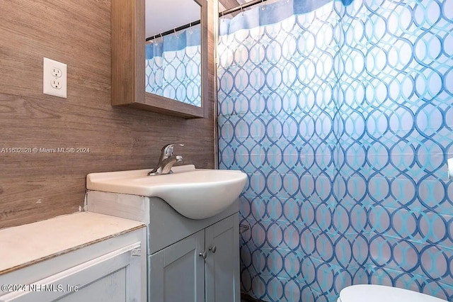 bathroom with wooden walls, vanity, and toilet