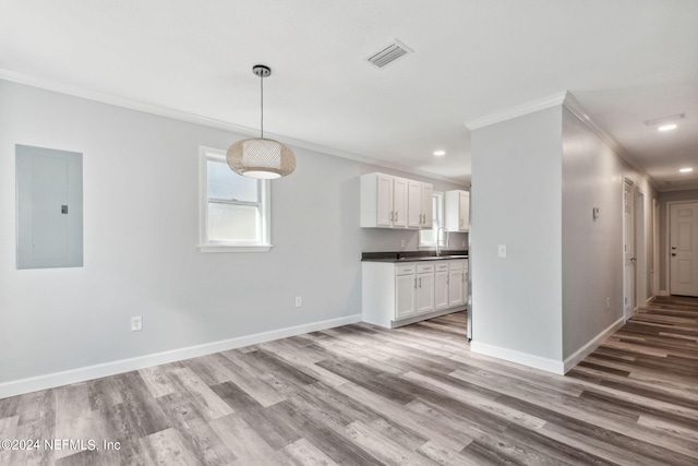 interior space with pendant lighting, light wood-type flooring, white cabinetry, and electric panel