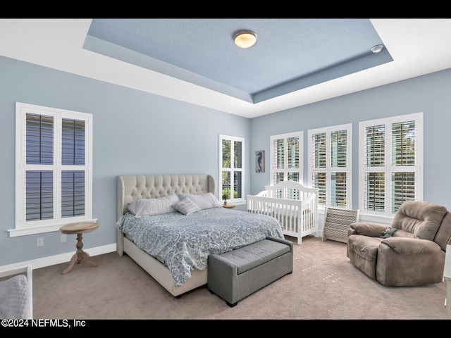 carpeted bedroom with a textured ceiling and a raised ceiling