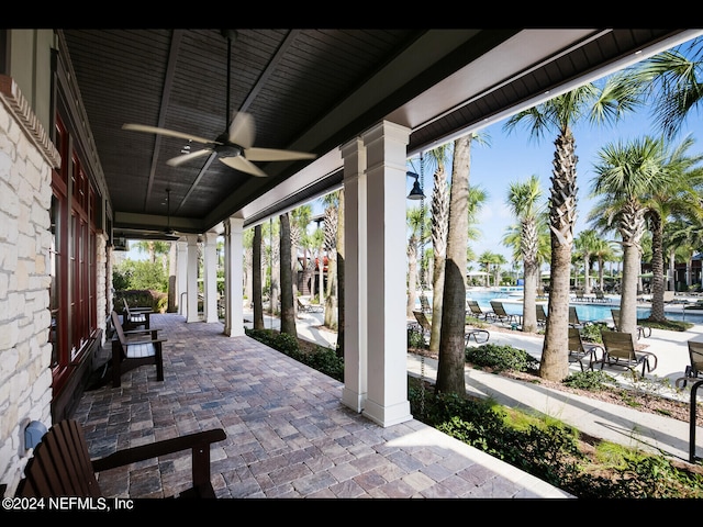 view of patio / terrace with ceiling fan and a community pool