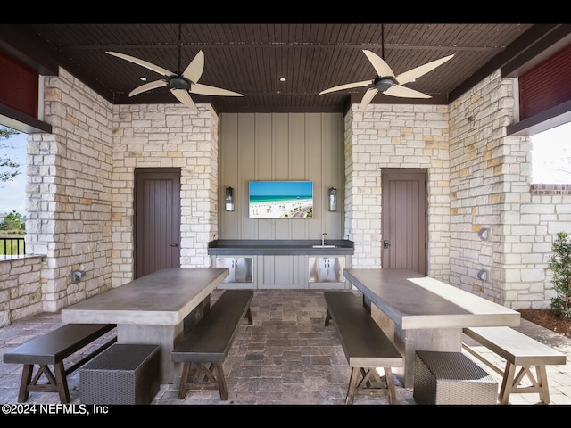 view of patio / terrace with ceiling fan and sink