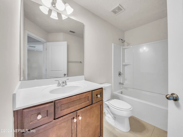 full bathroom featuring vanity, a textured ceiling, tile patterned flooring, toilet, and  shower combination