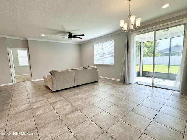 unfurnished living room with a textured ceiling, crown molding, light tile patterned floors, and ceiling fan with notable chandelier