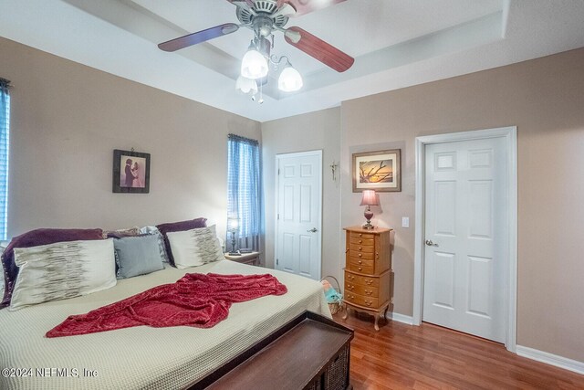 bedroom featuring a tray ceiling, ceiling fan, and hardwood / wood-style flooring