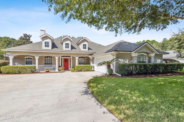 view of front facade featuring a front lawn, covered porch, and a garage