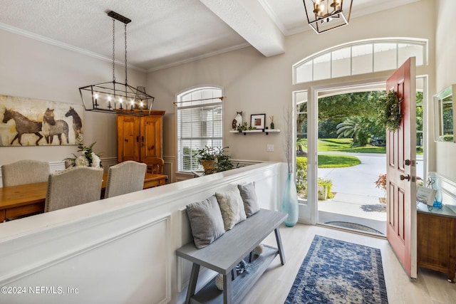 foyer featuring an inviting chandelier, light wood-type flooring, a textured ceiling, and plenty of natural light