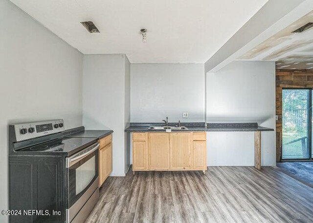 kitchen featuring light brown cabinets, stainless steel electric stove, hardwood / wood-style floors, and sink