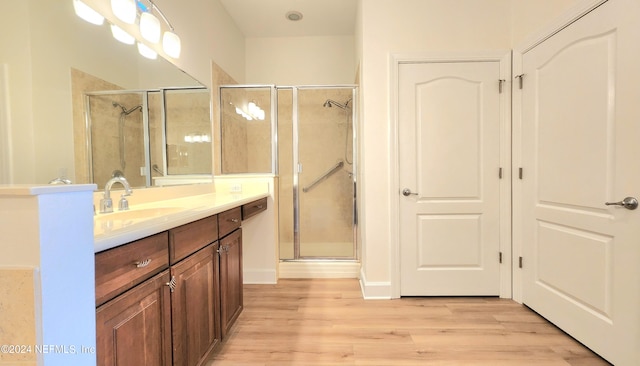 bathroom with walk in shower, vanity, and hardwood / wood-style flooring