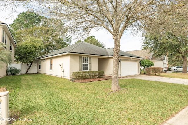 single story home with a front yard and a garage