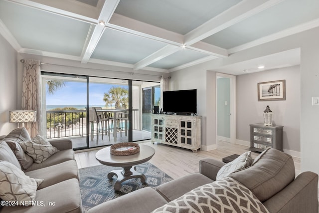 living room with light hardwood / wood-style flooring, beamed ceiling, and coffered ceiling