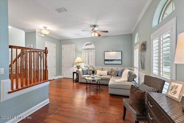 living room with ceiling fan, a textured ceiling, crown molding, and dark wood-type flooring