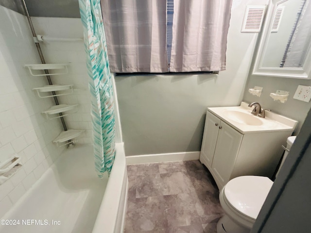 full bathroom featuring vanity, toilet, and shower / bath combination with curtain