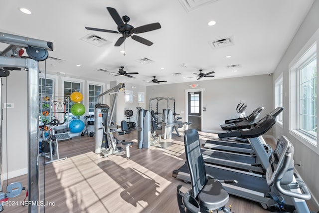 gym with wood-type flooring, ceiling fan, and plenty of natural light