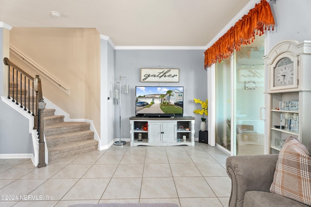 interior space with crown molding and light tile patterned flooring