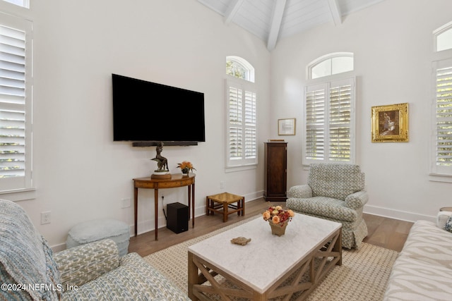 1505 Lakeside Ct, Fernandina Beach, FL 32034 - living area featuring lofted ceiling with beams, baseboards, and wood finished floors